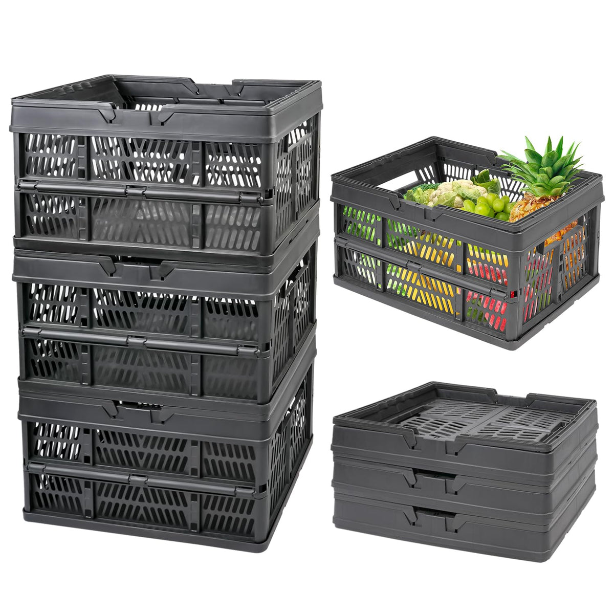 EasyFold Collapsible Crate, Collapsible Shopping Basket, Milk Crate, 3 Pack (27L (7 Gal), Black)