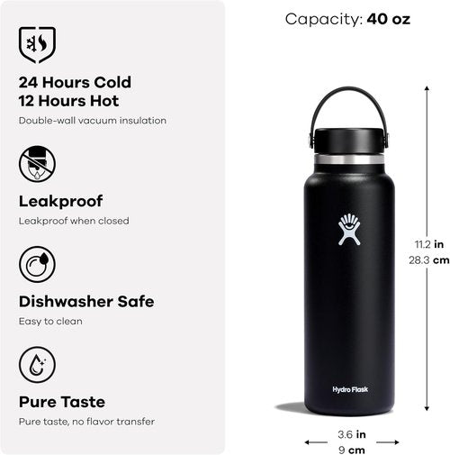 Hydro Flask Water Bottle - Insulated Stainless Steel | 40 Oz Wide Mouth Flex Lid, Leakproof & Refillable