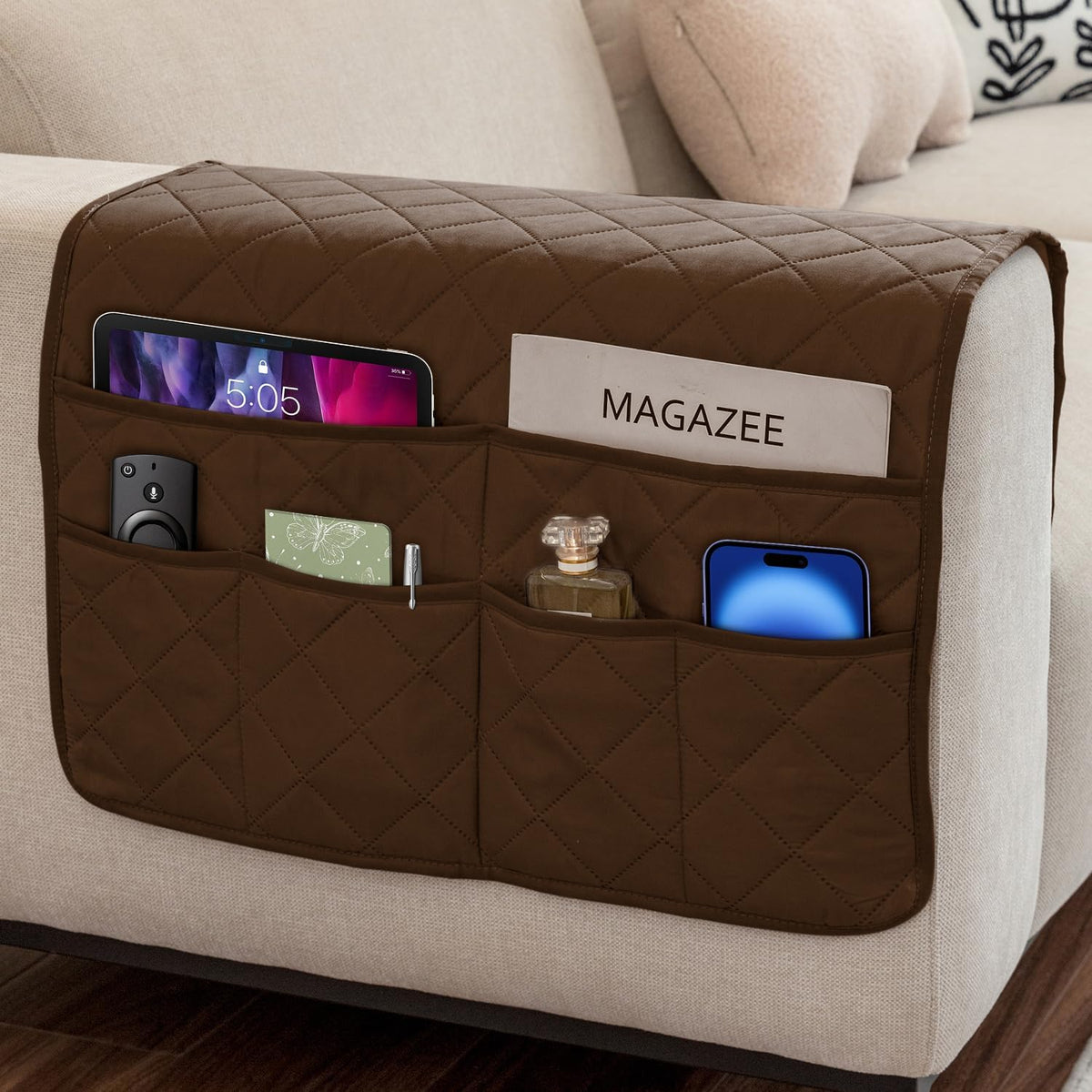 Remote Control Holder for Recliner Non-Slip Armchair Caddy Couch Armrest Organizer, Arm Chair Bedside Caddy Storage Organizer for Recliner Couch With 6 Pockets for Magazine, Phone, iPad (Beige)