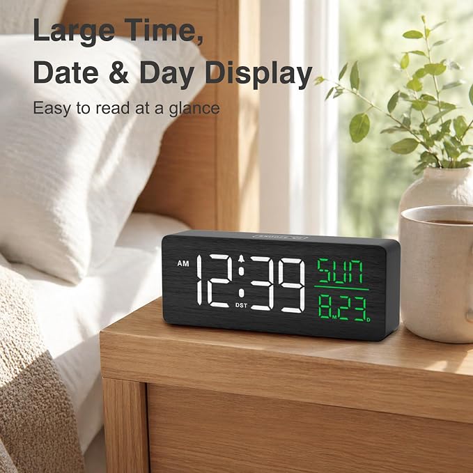Peakeep Wooden Digital Alarm Clock Large Display, Textured Decoration