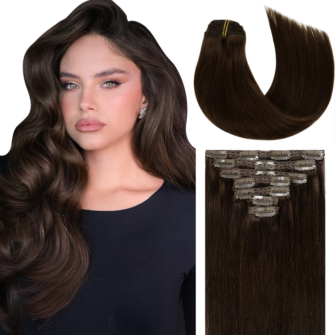 Lacer Clip In Hair Extensions Human Hair, Light Dark Brown Hair Extensions Clip In Human Hair 14 Inch 120G 7Pcs Remy Clip In Hai