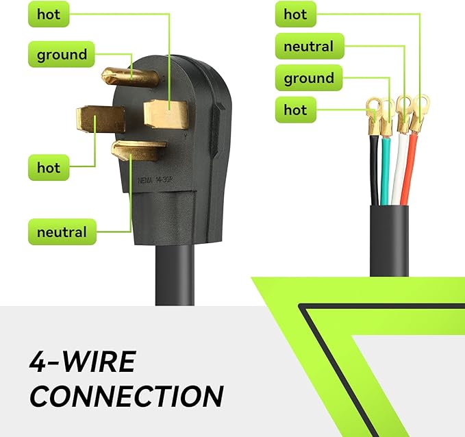 RVMATE 4 Prong SRDT Dryer Cord 10 Feet, 30 Amp Appliance Power Cord (NEMA 14-30P to 4-Wire), 4 Wires with O Ring Terminal Connectors, 100% Copper Wire Dryer Extension Cord.