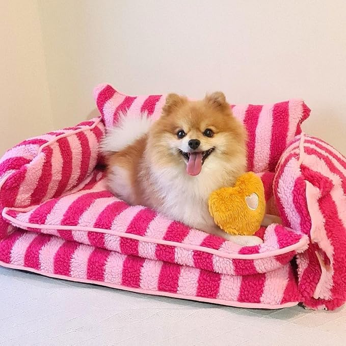 Lazy Holiday Plush Cozy Dog & Cat Sofa Bed, Teddy Velvet Dog Bed, Trendy Striped Faux Lambswool Double Layer Dog & Cat Sofa Bed Dogs Sleeping Mat for Medium Small Dogs & Cats (Pink,M)