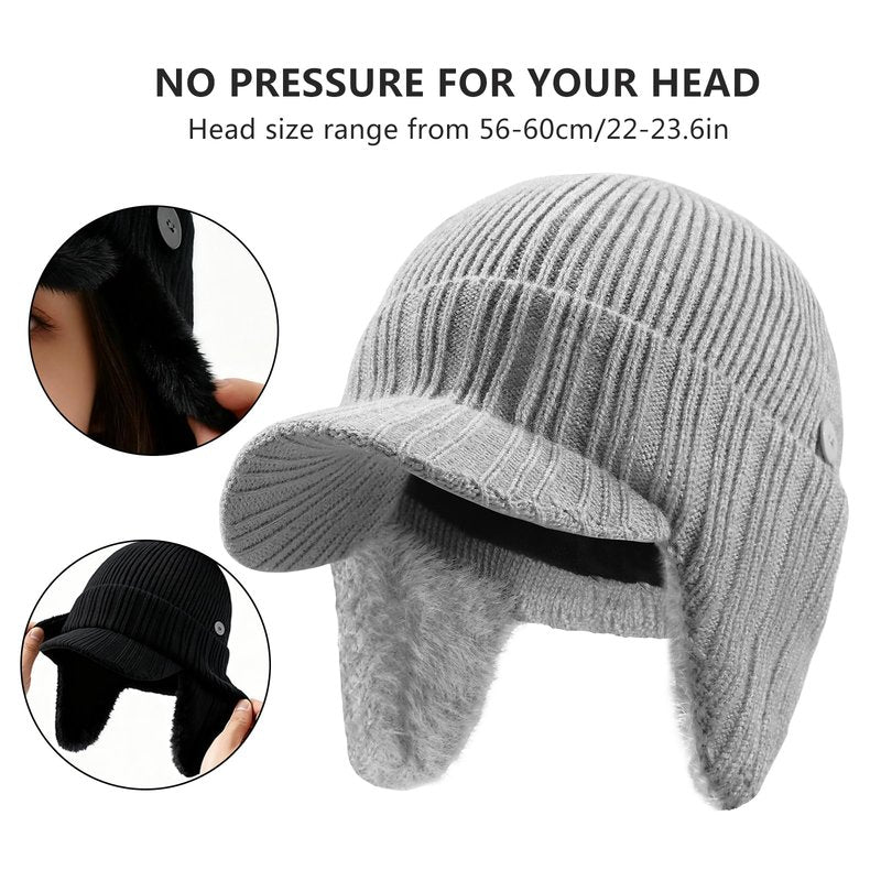 SEEK SURE Winter Hat with Visor Warm Fleece Lined Beanie with Brim Ear Protection Cuff Knit Cap for Men Women, XL/XXL Black