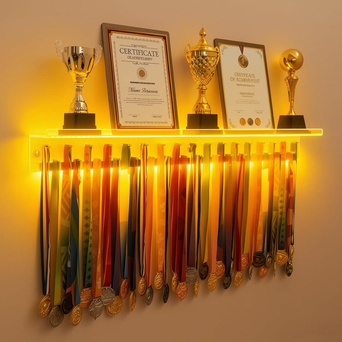 Omhuzsyo Medal Display Rack - Light Up Acrylic Trophy Shelf for Gymnastics, Running & More | Large 45.2”