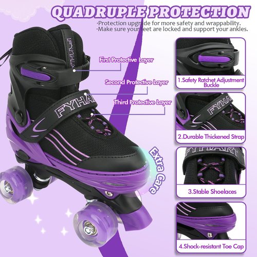 HXWY Kids Roller Skates for Boys Girls Child, Adjustable 4 Sizes Roller Skates for Adult and Youth with Light Up Wheels, Black Purple Patines para niñas for Outdoor Indoor Sports (Medium-Big Kid (1-4)