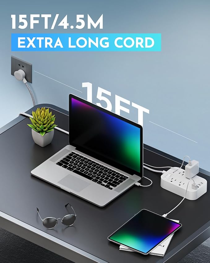 15FT Extension Cord, Flat Plug Power Strip with USB C, 4 Outlets with 4 USB Ports, Wall Mount, Overload Protection, Desk Charging Station for Office, School, Dorm Room Essentials, ETL Listed