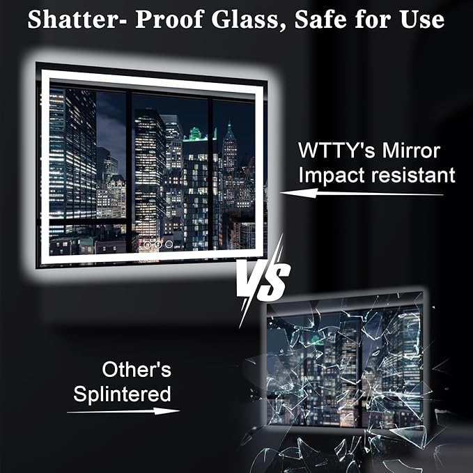WTTY LED Bathroom Mirror 55"x30" with Back and Front Light,Modern LED Mirror for Bathroom,Stepless Dimmable Lighted Bathroom Vanity Mirror with Anti-Fog,Memory Function,Shatter-Proof