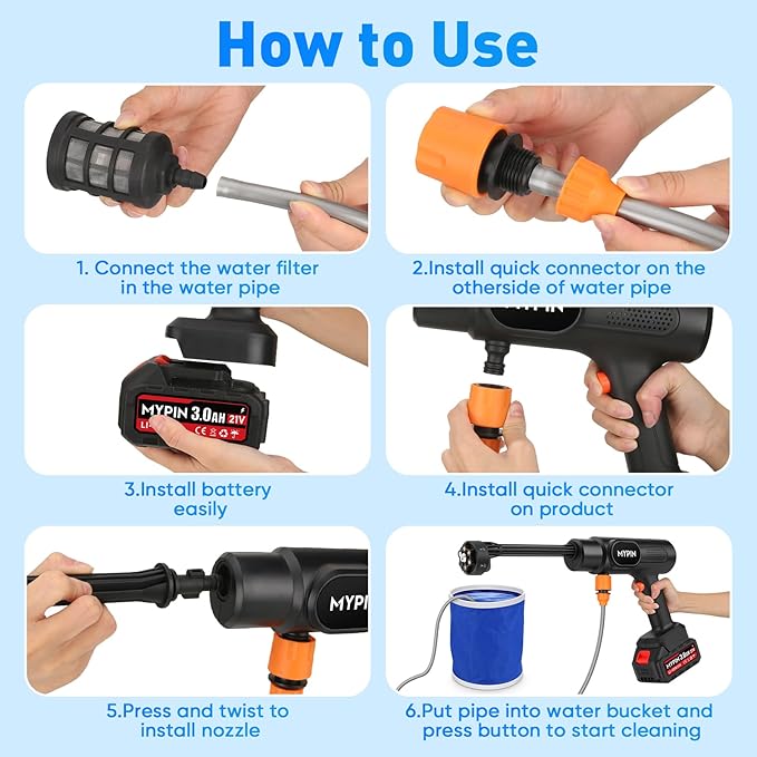 Portable Cordless Pressure Washer, 600 PSI 21V Rechargeable Two Batteries Powered Pressure Washer,6-in-1 Nozzle with Standard Nozzle for Car Floor Wall Fence Cleaning