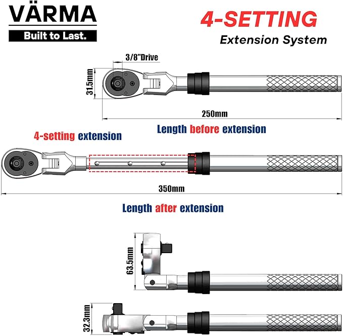 3/8" Drive Ratchet – 10–13.8" 4-Stage Extendable Handle, 90T Flex Head, Quick Release, Chrome Vanadium
