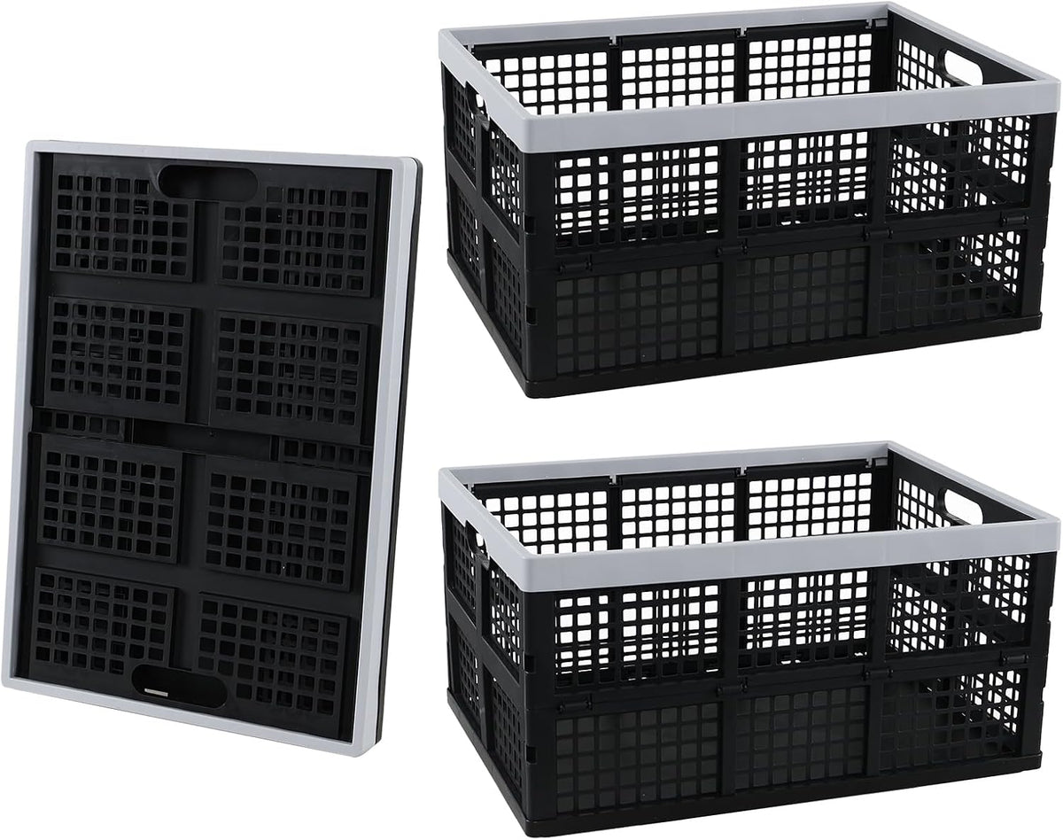 3-Pack Plastic Crates, 42L Foldable Baskets, Collapsible Crates | Stackable Storage Container, Baskets and Bins for Organizing Tools, Books, Food, Drinks, Camping, Shopping & Transport