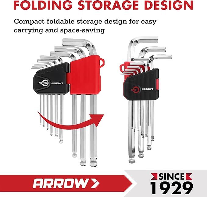 ARROW 18PCS Allen Wrenches Sets with Ball End, SAE and Metric Hex Key Set, Cr-V Steel with Chamfered Edges, Laser Etched Size, 2-Pack Allen Key Kit for Bicycle, Furniture and Electrical Repair