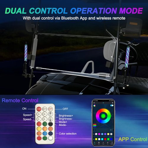 iLSKW 2-Pack 1FT Golf Cart LED Whip Lights Holder, for 0.59-1.18" Rails, APP&Remote Control RGB Whips, with Brake Turn Reverse Signal Function, for 36V 48V 72V Golf Carts (Included DC Converter)