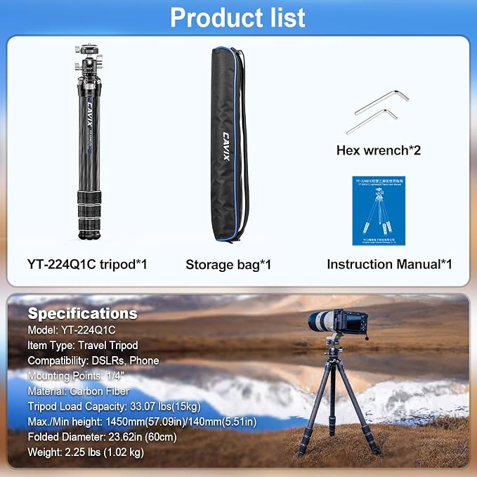 CAVIX 57"/145cm Carbon Fiber Tripod, Lightweight Tripod