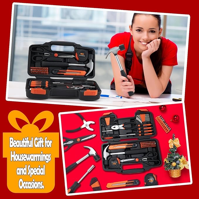 MARTCOLOR 58 Piece Household Tool Set, General Household Hand Tool Kit with Plastic Toolbox Storage Case, All Purpose Household Tool Kit for Home, Garage, Office and College Dormitory Use, Orange