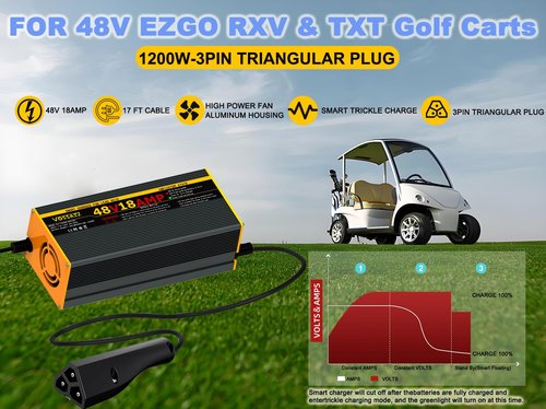 48 Volt Golf Cart Charger for EZGO RXV & TXT, with 3-Pin Triangular Plug, 18 Amp Fast Charge 3-5H Full Charge Lead Acid Battery