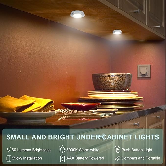 Wireless LED Puck Lights, Touch Activated Tap Ligh Push Light, Battery Operated Stick On Lights for Under Cabinet, Kitchen, Closet & Counters, 3-Pack, Silver (Included 3AAA Batteries)