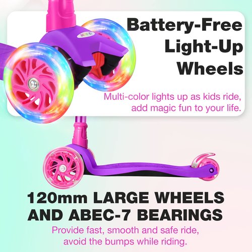 BELEEV Scooters for Kids 3 Wheel Kick Scooter for Toddlers Girls Boys, 4 Adjustable Height, Lean to Steer, Light up Wheels, Extra-Wide Deck, Easy to Assemble for Children Ages 3-12 (Pink Purple)