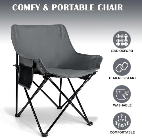 Leonyo Outdoor Folding Camping Chairs - Heavy Duty Portable Design with Cup Holder & Storage Pocket | 2 Pack, Grey