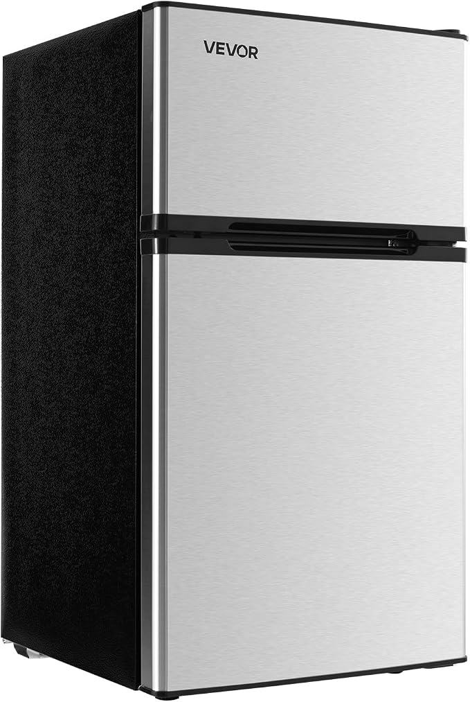 VEVOR Mini Fridge with Freezer, 3.2 Cu.Ft, Dual Zone Compact Refrigerator, 3 Modes Adjustable Temp, Energy Efficient Small Fridge, Reversible Door, Low Noise, for Bedroom, Dorm, Brushed Stainless