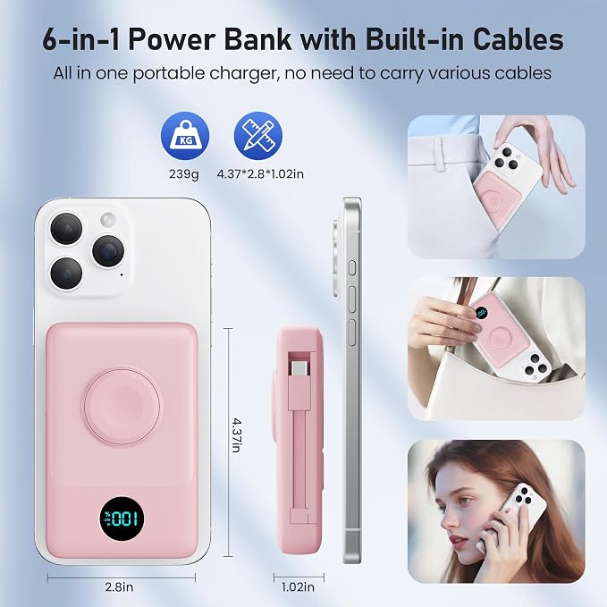 Magnetic Portable Charger for MagSafe with Built-in Cable,iWatch Charger,10800mAh Wireless Power Bank Travel Essentials,25W PD Fast Charging Battery Pack for iPhone 17/16/15/14/13/12,Apple Watch-Pink