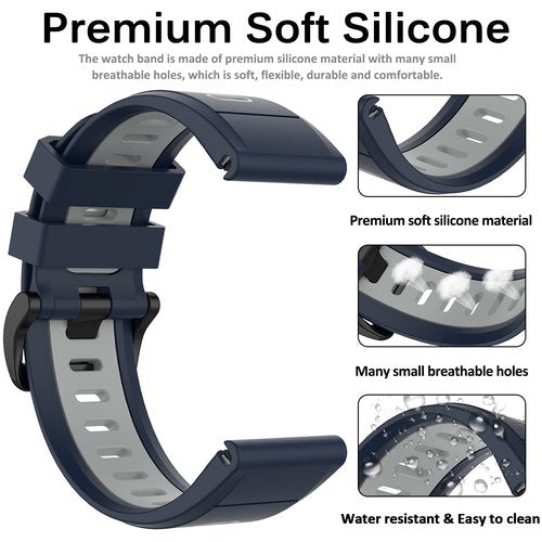 Miimall Compatible for Fenix 7/6/5 Bands, 22mm Width Soft Silicone Sport Waterproof Replacement Strap Band for Fenix 7/7 Solar/7 Sapphire Solar/6/5/Instinct(Midnight Blue+Grey)