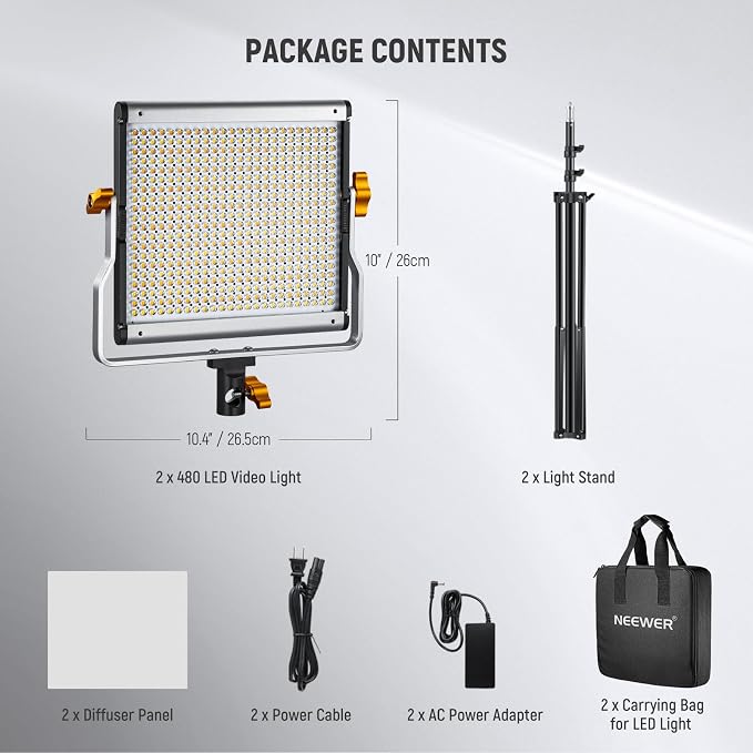 Neewer 2 Packs Dimmable Bi Color 480 LED Video Light Kit, 3200~5600K CRI 96+