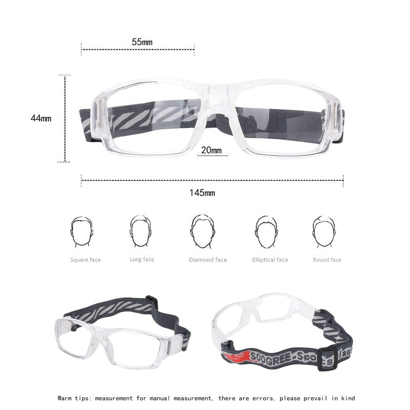 SooGree Sport Glasses Goggles Basketball Soccer Sports Protective Eyewear Goggles Safety Glasses-Replaceable Prescription Lens (8031 Transparent Frame White Pad)