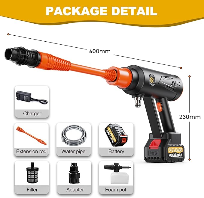 EVEAGE Cordless Power Pressure Washer 1000PSI, 2.5GPM Adjustment Portable Power Cleaner, Rechargeable Battery Powered Handheld High-Pressure Washer Gun for Car, Home Floor Cleaning