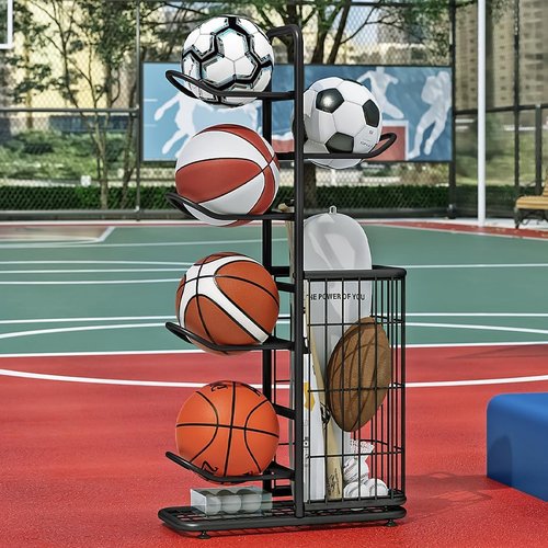 INGIORDAR Basketball Rack Organizer - 6-Tier Sports Equipment Storage Stand for Indoor/Outdoor Use | Black