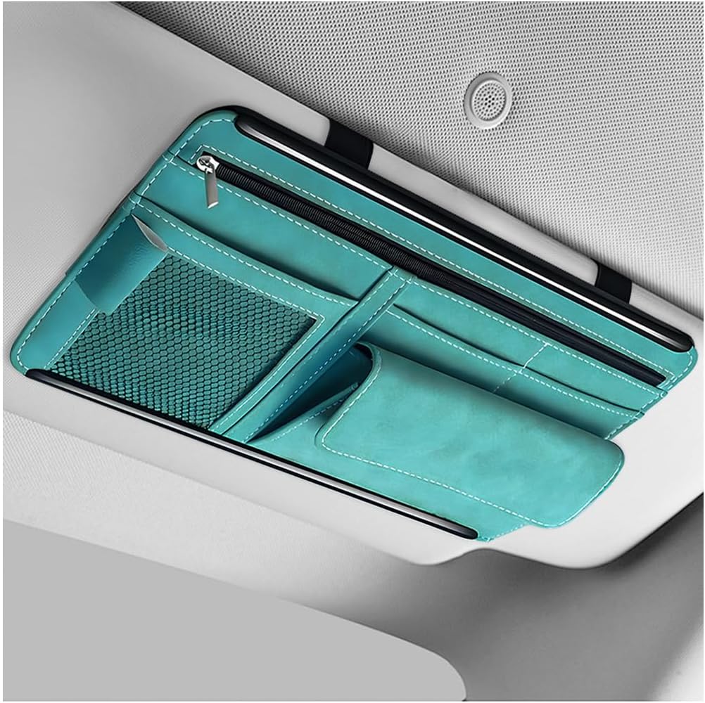 Car Sun Visor Organizer, Leather Sun Visor Pocket Organizer Case with Multi-Pocket Net Zipper, Suede Note Holder Car Visor Storage Pouch for Card Pen Sunglasses Document (Brown)