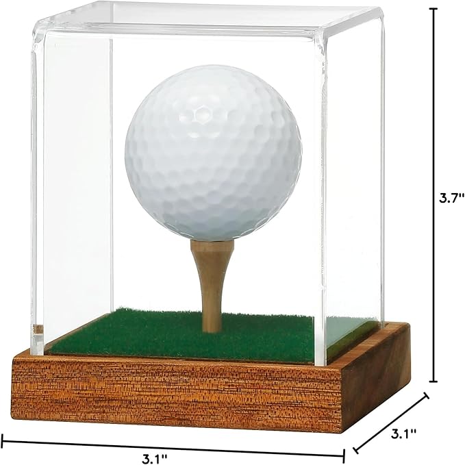 JupDec Golf Ball Display Case Clear Acrylic Memorabilia Stand Cube Holder with Wood Base & Tee, Dust Protection Transparent Storage Box for Single Ball Souvenir Golfball Collections, Brown, 1 Pack