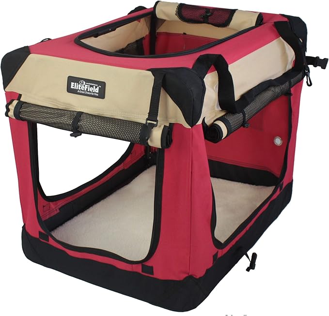 EliteField 4-Door Folding Soft Dog Crate with Curtains, Carrying Bag and Fleece Bed (2 Year Warranty), Indoor & Outdoor Pet Home (36" L x 24" W x 28" H, Red+Beige)