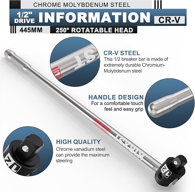 17.5-Inch 1/2” Drive Breaker Bar, Heavy Duty Extension Breaker Bar, 250° Rotatable Head, Premium Chromium Molybdenum Steel, Mechanical Work, Automobile and Motorcycle Maintenance and Repair