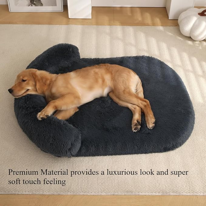 Calming Dog Bed - Fluffy Plush Mat with Removable Washable Cover | Furniture Protector for Large Dogs & Cats(Khaki,47.24X29.53X5.91in)
