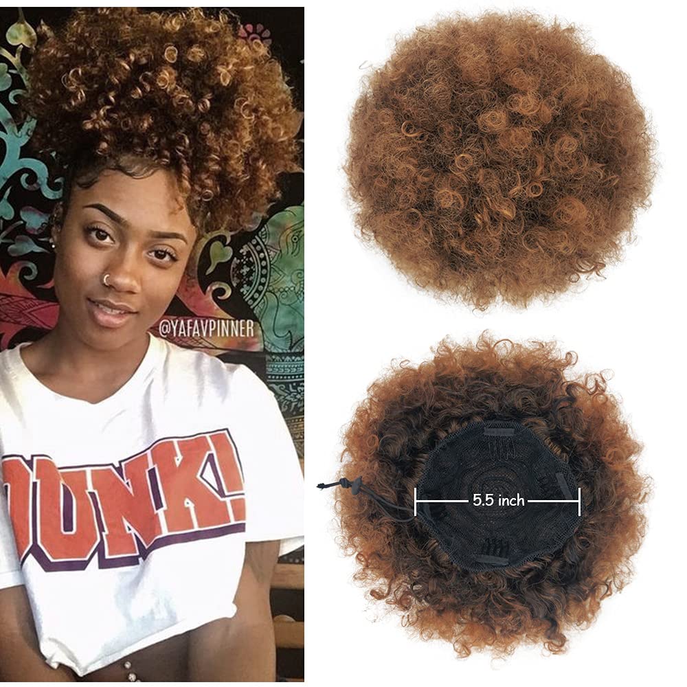 Yinmei Baibian Ombre Brown Kinky Curly Afro Puff Drawstring Ponytail Synthetic Bun Extensions Hairpieces Large Size Updo Hair Fo