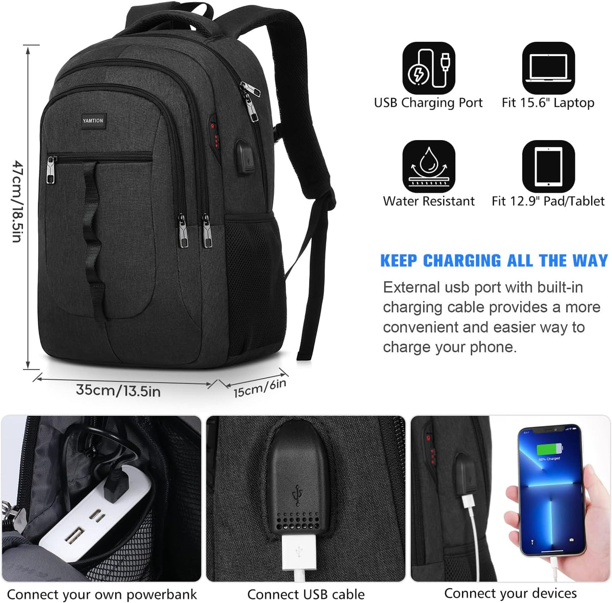 YAMTION Black Backpack - Versatile Laptop Bag with USB Port for School & Work | Unisex Design