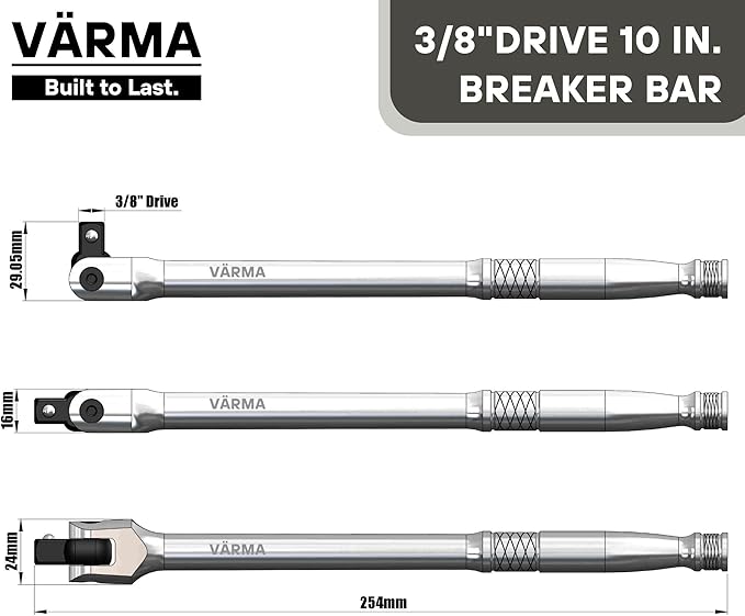 3/8-Inch Drive Breaker Bar, 10-Inch – Heavy Duty CR-MO Head & 15mm Thick Shaft – Dual-Knurled Non-Slip Grip, Constant Tension Flex Head, Premium Mirror Chrome Finish