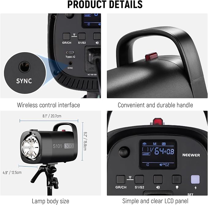 NEEWER 600Ws Studio Monolight Flash Light Kit: 2 Pack S101-300W PRO 5600K
