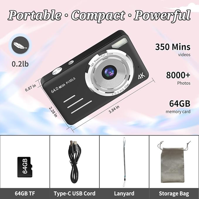 Forc Digital Camera, FHD 4K 64MP Point and Shoot Kids Digital Cameras