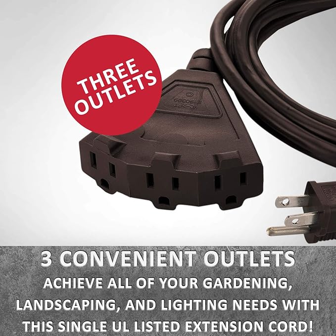 Holiday Lighting Outlet 50-Foot Brown Extension Cord, 3-Prong Indoor & Outdoor Splitter, Perfect for Landscape Lighting