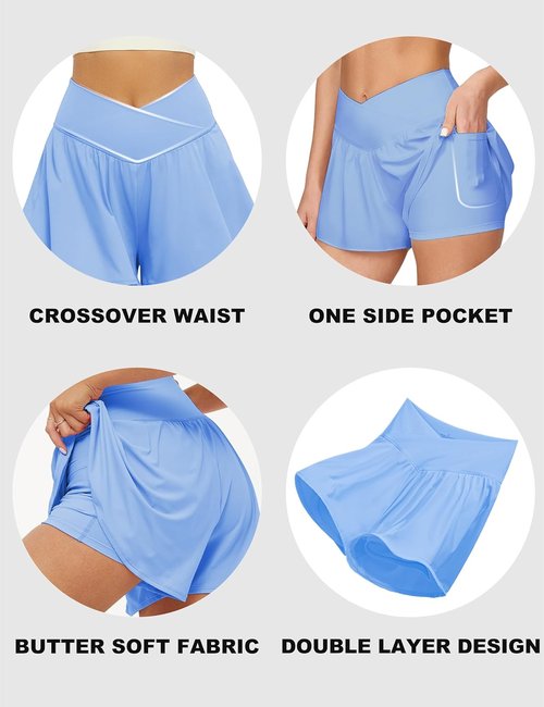 FireSwan Women's Crossover Athletic Shorts - 2-in-1 Flowy Running Skorts with Pockets & Spandex