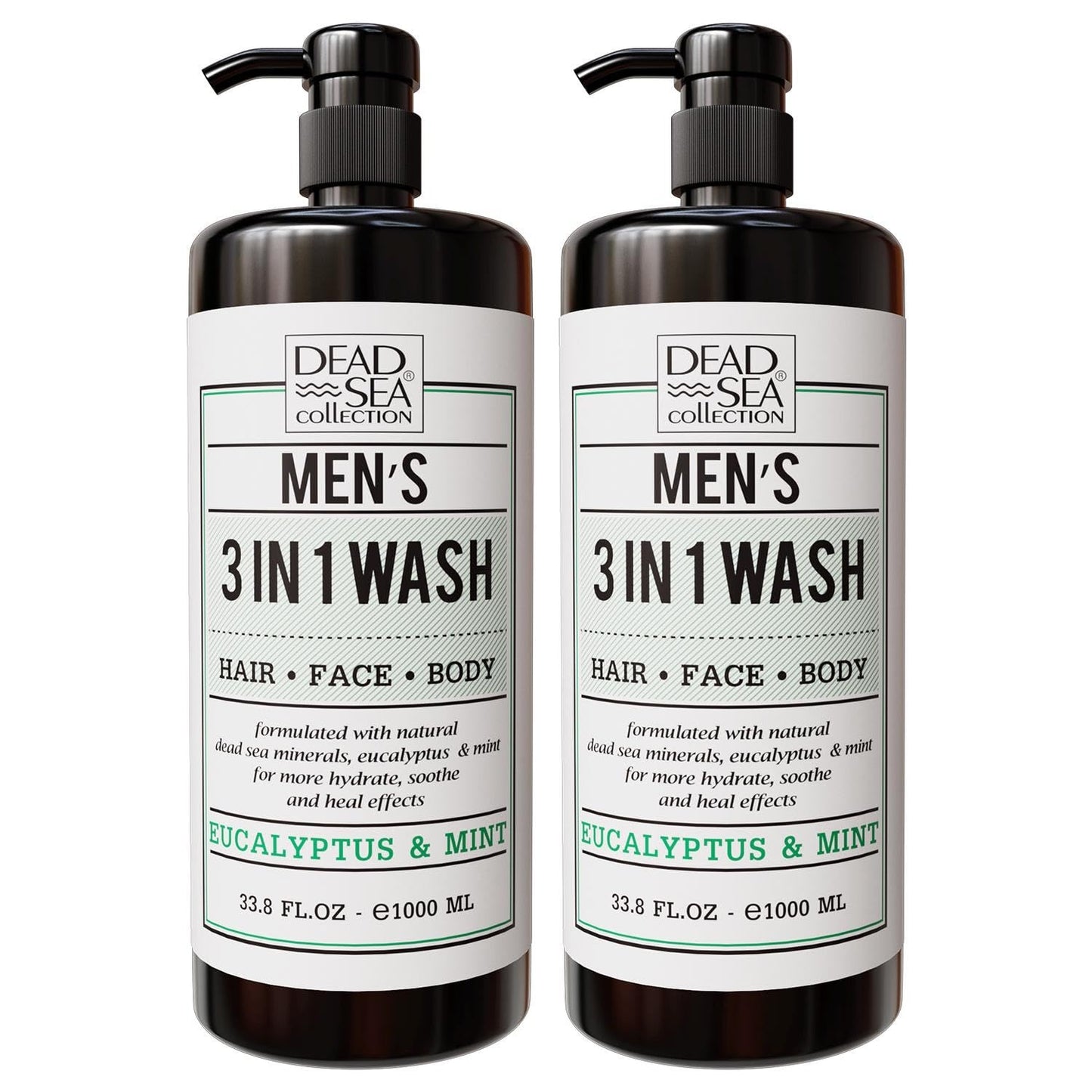 Dead Sea Collection 3 In 1 Body Wash For Men - Eucalyptus Cleanser For Body, Hair And Face - Pack Of 2 Bottles (33,8 Fl. Oz. Eac