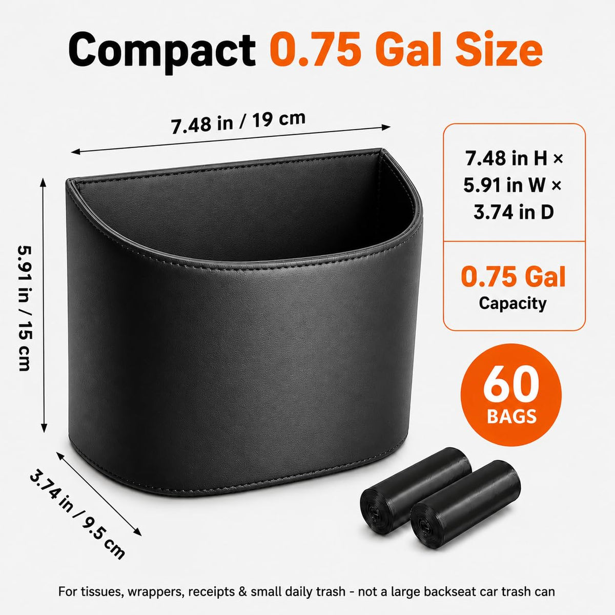 COZILO Leather Car Trash Can – Leakproof & Easy-to-Clean Car Garbage Can for Luxury Cars, SUVs & Trucks | Includes 60 Custom Liners, Secure Hook, Easy Install, Black