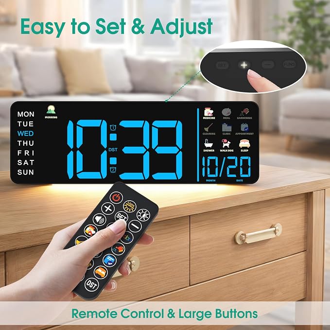 Hoifen Clock with Day and Date for Seniors, Remote Control, Night Light