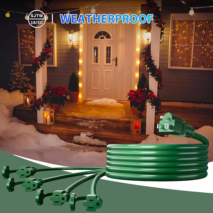K KASONIC - 31FT Christmas Lights Outdoor Extension Cord with Mutil Outlets, ETL Listed Heavy Duty Electrical Cord with Protective Covers, Weatherproof Extension Cord for Outside, 16AWG/1625W, Green