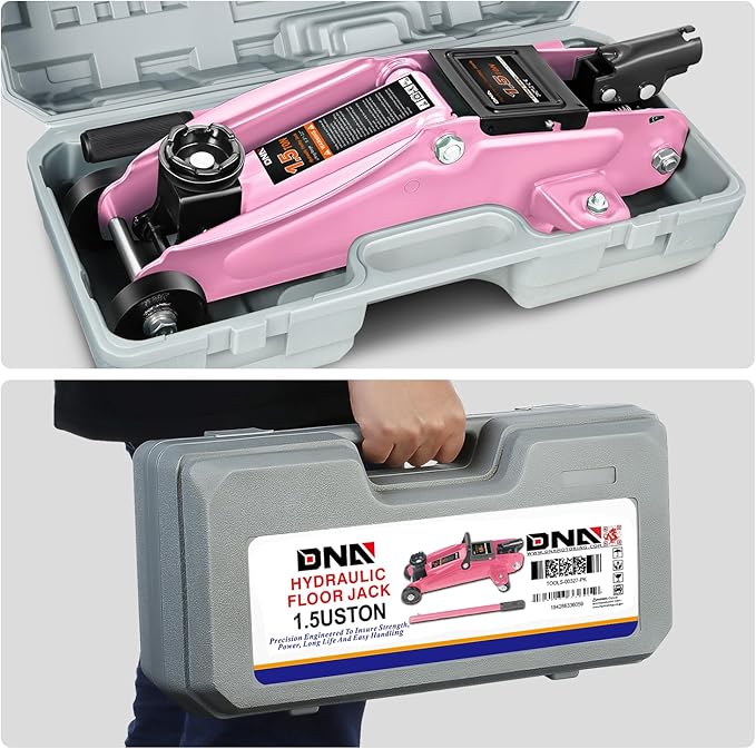 DNA Motoring 1.5 Ton Car Floor Jack Low Profile Hydraulic Trolley Service/Floor Jack, 1.5T / 3000 lbs Capacity, Lifting Range 5.3 Inch -12 Inch, with Storage Case, Pink, TOOLS-00327-PK