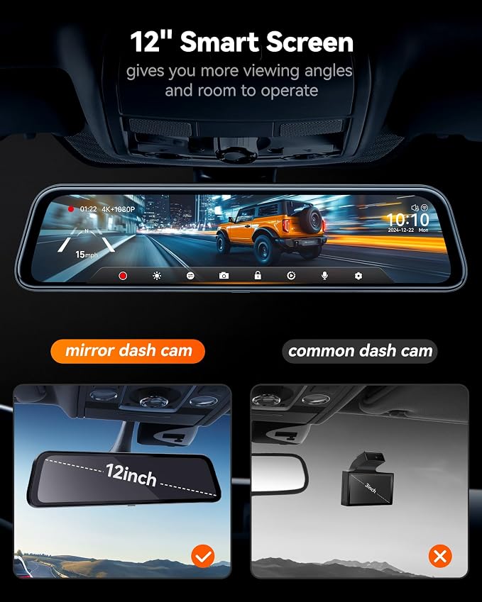 WOLFBOX G840S 12" 4K Mirror Dash Cam Backup Camera, 5.8GHz WiFi Smart Rearview