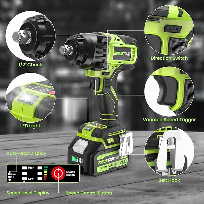 Robustrue Cordless Impact Wrench 738ft-lbs (1000N.m), High Torque Brushless 1/2 Impact Gun, 2 x4.0Ah Battery 21V Max, Fast Charger, 4 Sockets, Impact Wrench for Home Car Tires Truck Mover