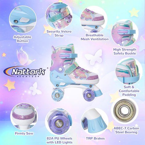 Kids Roller Skates for Girls Boys - Purple for Big Kids Age 7 8 9 10 - Adjustable All Light up Wheels Butterfly and Flower Indoor Outdoor Sports Birthday Gift for Son and Grandson